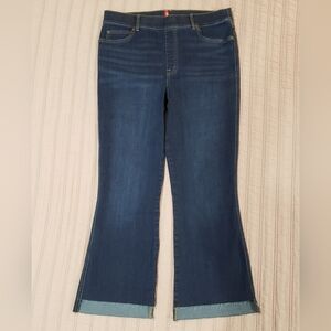 Spanx XL Flare Raw Hem Jeans | Dark Blue Tummy-Shaping Stretch Denim | NWOT